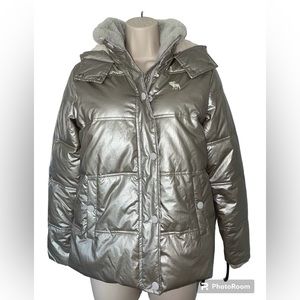 Girls 13/14 ABERCROMBIE & FITCH KIDS Silver Metallic Hooded Lined PUFFER Jacket!